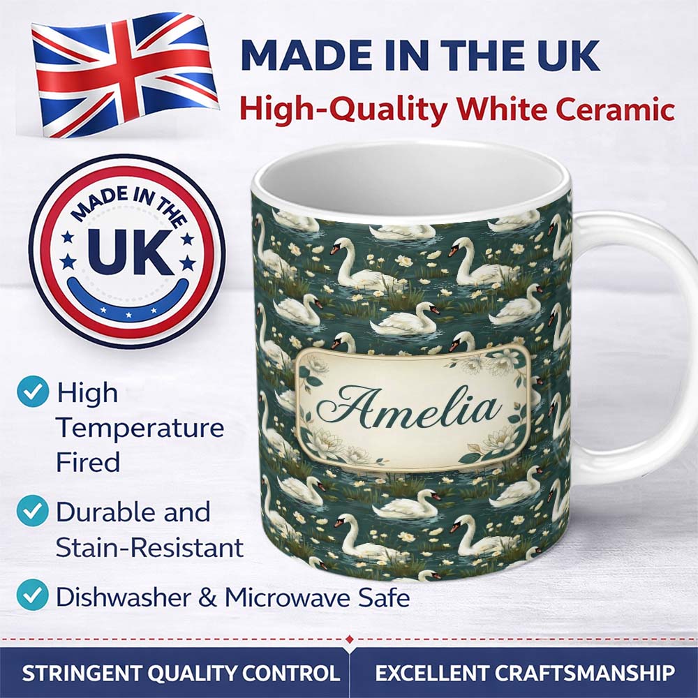 Personalized Custom Name Soft Swan Lake Floral Seamless Pattern Calm Nature Botanical Scene 11oz Ceramic Coffee Tea Mug White Large Handle