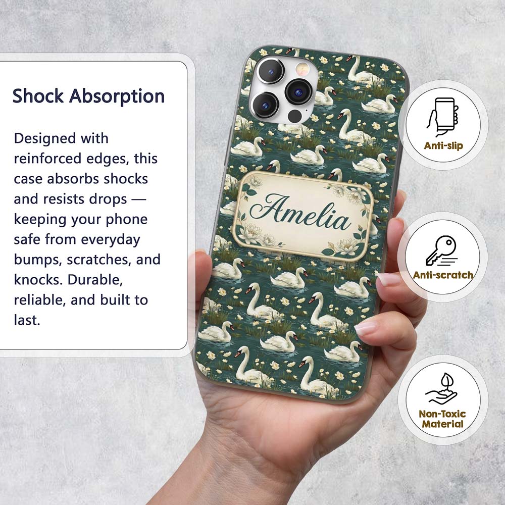 Soft Swan Lake Floral Seamless Printed Design Custom Name Protective Phone Case Mobile Cover Durable Everyday Smartphone Shock Resistant