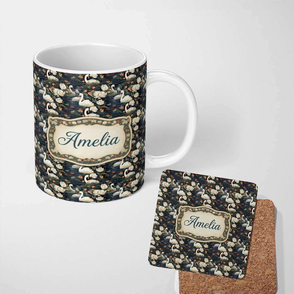 Personalized Custom Name White Swan Tulip Floral Seamless Pattern Elegant Water Garden 11oz Ceramic Coffee Tea Mug White Large Handle