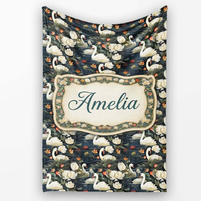 White Swan Tulip Floral Seamless Pattern Elegant Water Garden  Personalised Custom Name Super Soft Fleece Blanket Bed Sofa Throw