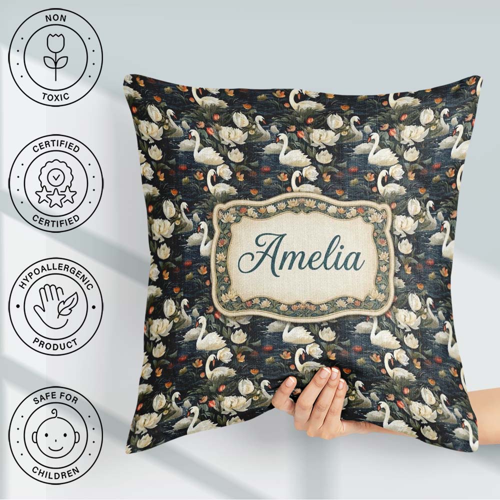 Custom Name White Swan Tulip Floral Pattern Elegant Water Garden Square Filled Cushion Throw Pillow Sofa Bed Home Decor Zip Washable UK Made