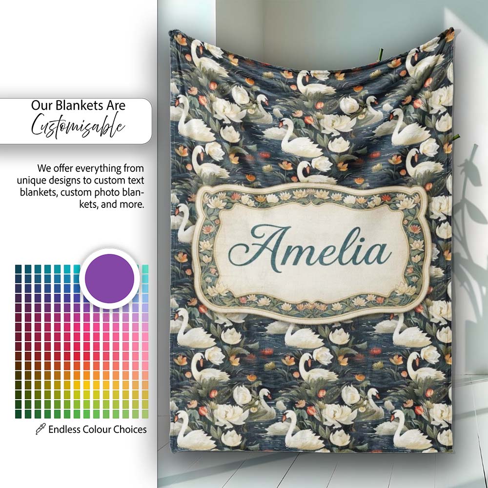 White Swan Tulip Floral Seamless Pattern Elegant Water Garden  Personalised Custom Name Super Soft Fleece Blanket Bed Sofa Throw