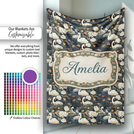 White Swan Tulip Floral Seamless Pattern Elegant Water Garden  Personalised Custom Name Super Soft Fleece Blanket Bed Sofa Throw