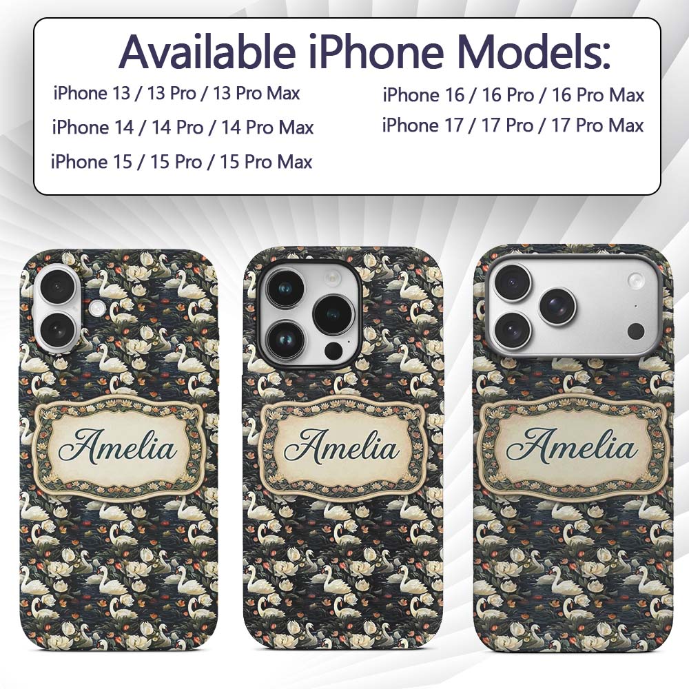 White Swan Tulip Floral Seamless Pattern Elegant Custom Name Protective Phone Case Mobile Cover Durable Everyday Smartphone Shock Resistant