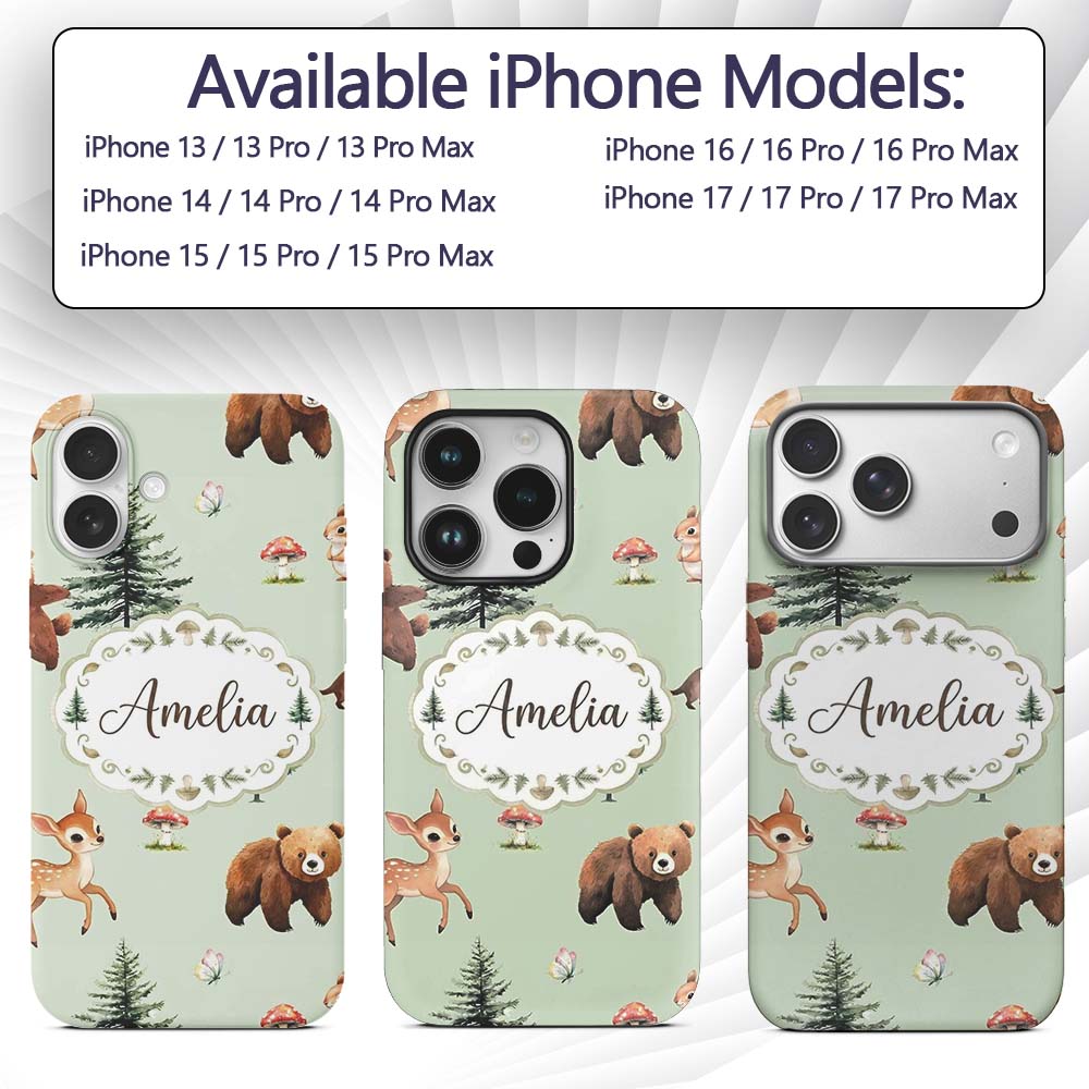 Cute Woodland Forest Animals Bear Bunny Deer on Custom Name Protective Phone Case Mobile Cover Durable Everyday Smartphone Shock Resistant