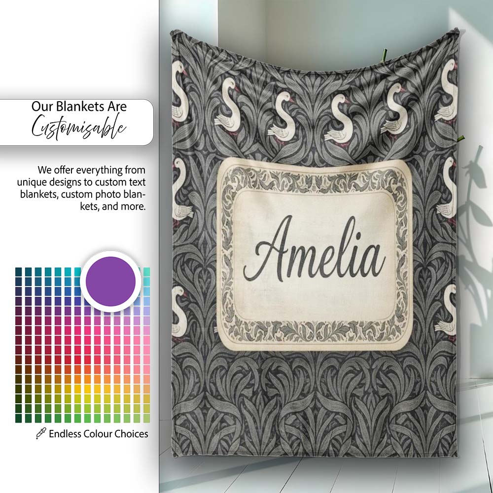 Modern Black Swan Abstract Seamless Pattern Stylish Feather Design  Personalised Custom Name Super Soft Fleece Blanket Bed Sofa Throw
