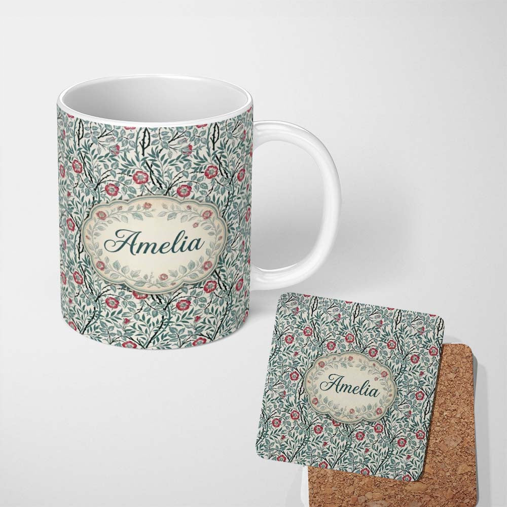 Personalized Custom Name Vintage Botanical Floral Vine Pattern with Red Flowers Seamless 11oz Ceramic Coffee Tea Mug White Large Handle