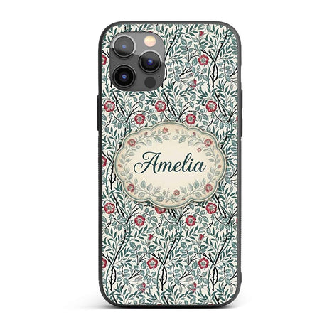 Vintage Botanical Floral Vine Pattern with Red Custom Name Protective Phone Case Mobile Cover Durable Everyday Smartphone Shock Resistant