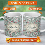 Personalized Custom Name Vintage Botanical Floral Vine Pattern with Red Flowers Seamless 11oz Ceramic Coffee Tea Mug White Large Handle