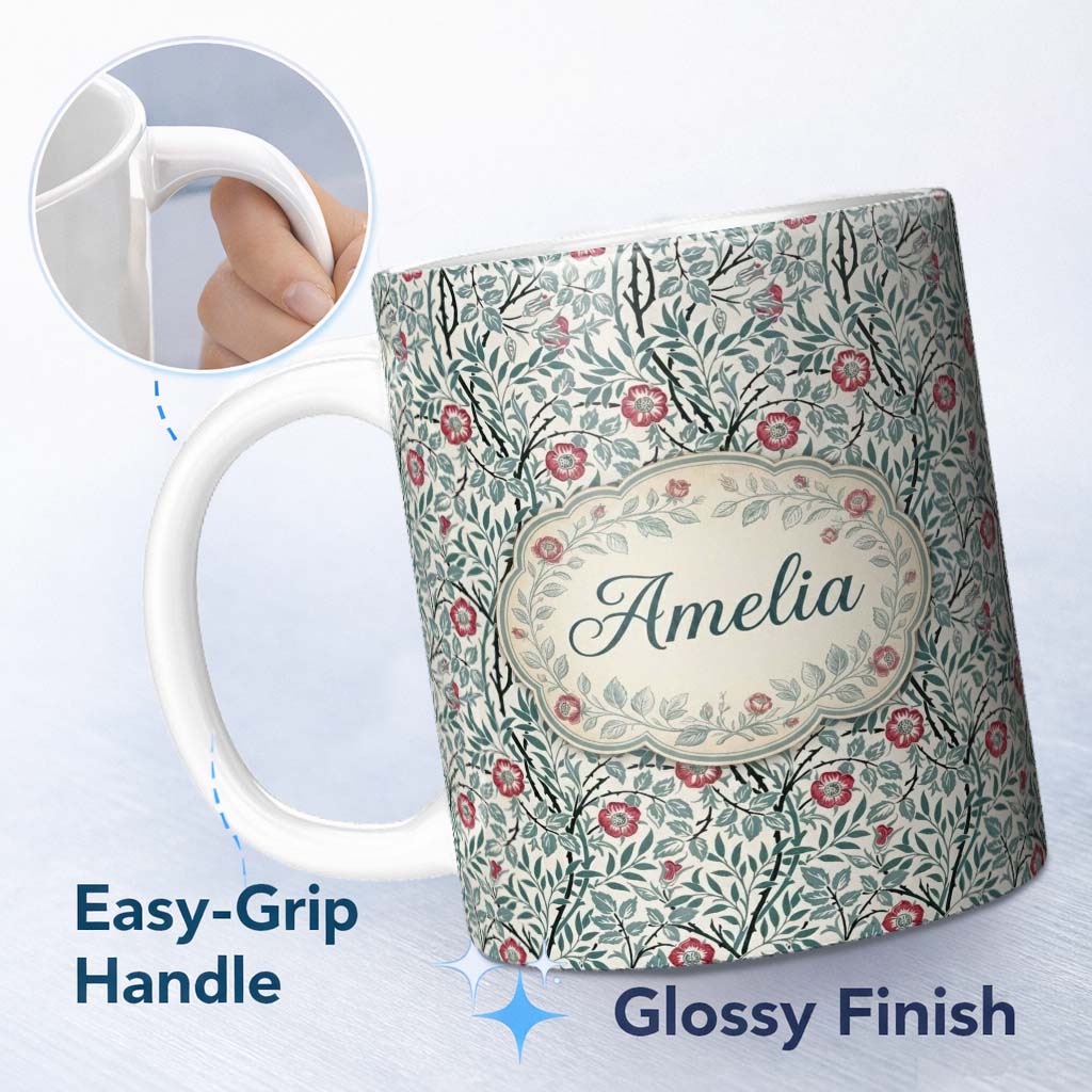 Personalized Custom Name Vintage Botanical Floral Vine Pattern with Red Flowers Seamless 11oz Ceramic Coffee Tea Mug White Large Handle