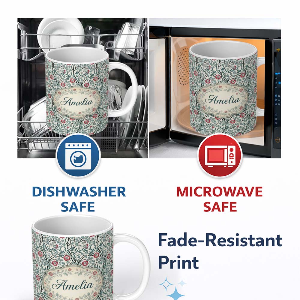 Personalized Custom Name Vintage Botanical Floral Vine Pattern with Red Flowers Seamless 11oz Ceramic Coffee Tea Mug White Large Handle