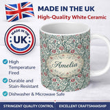 Personalized Custom Name Vintage Botanical Floral Vine Pattern with Red Flowers Seamless 11oz Ceramic Coffee Tea Mug White Large Handle