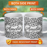 Personalized Custom Name Abstract Black White Textured Brushstroke Pattern Seamless Name Cute 11oz Ceramic Coffee Tea Mug White Large Handle