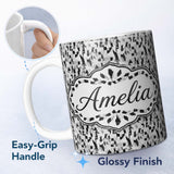 Personalized Custom Name Abstract Black White Textured Brushstroke Pattern Seamless Name Cute 11oz Ceramic Coffee Tea Mug White Large Handle