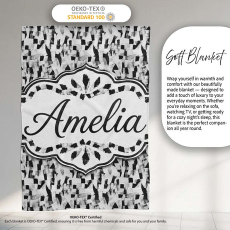 Abstract Black White Textured Brushstroke Pattern Seamless Name Cute  Personalised Custom Name Super Soft Fleece Blanket Bed Sofa Throw