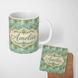Personalized Custom Name Elegant Teal Damask Ornamental Vintage Style Seamless Name Cute 11oz Ceramic Coffee Tea Mug White Large Handle