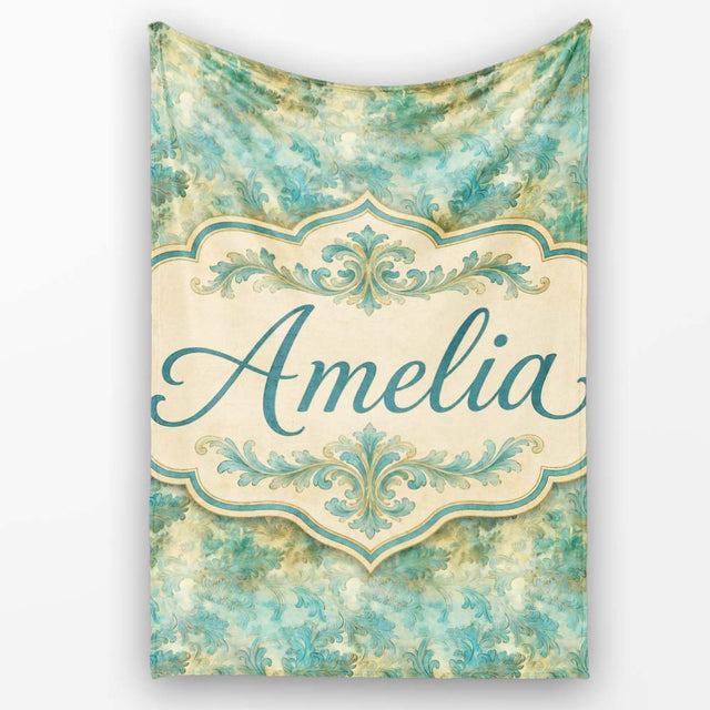 Elegant Teal Damask Ornamental Vintage Style Seamless Name Cute  Personalised Custom Name Super Soft Fleece Blanket Bed Sofa Throw