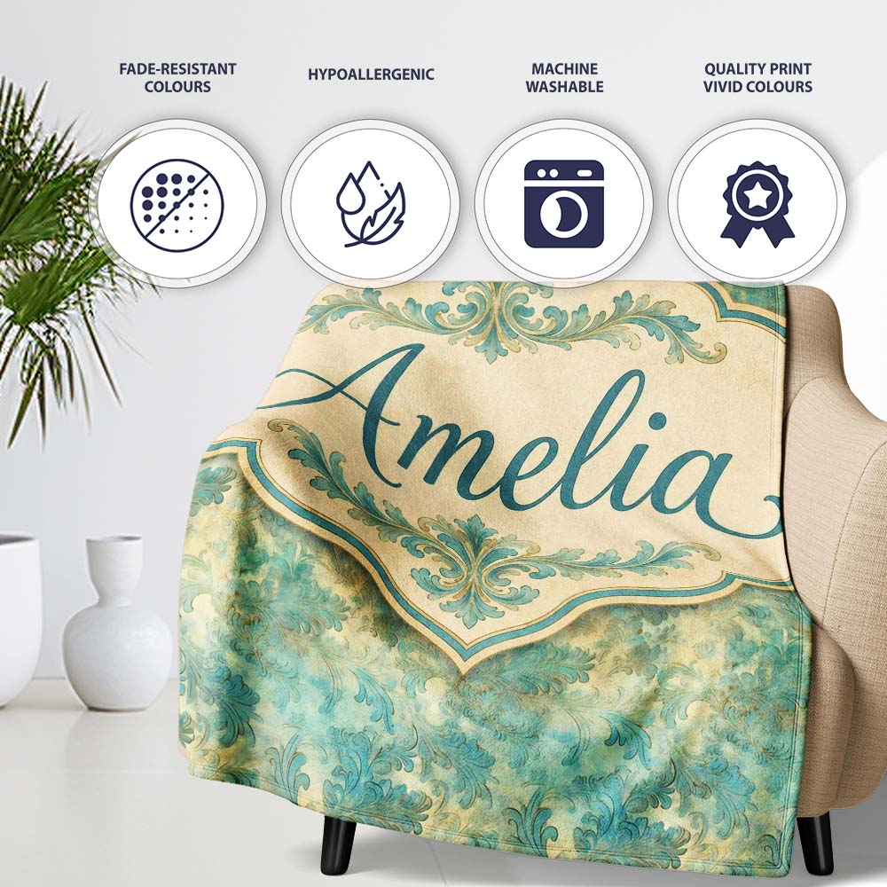Elegant Teal Damask Ornamental Vintage Style Seamless Name Cute  Personalised Custom Name Super Soft Fleece Blanket Bed Sofa Throw