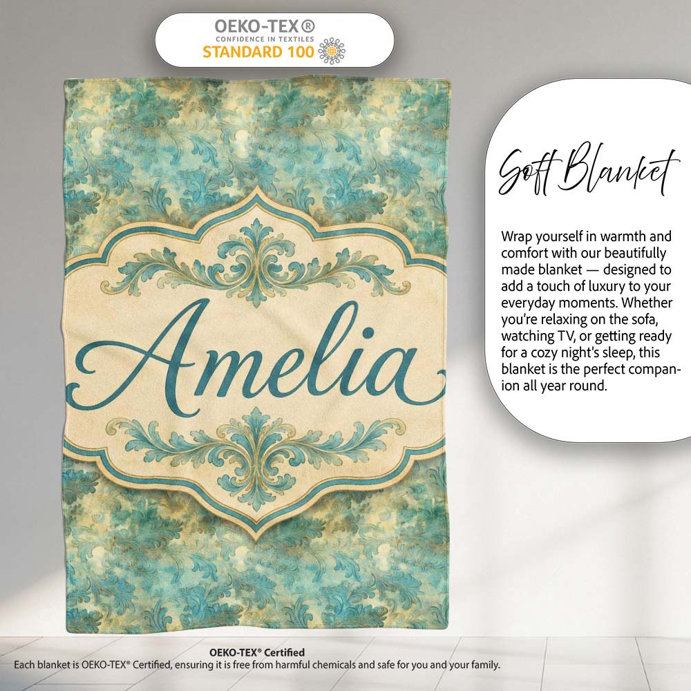 Elegant Teal Damask Ornamental Vintage Style Seamless Name Cute  Personalised Custom Name Super Soft Fleece Blanket Bed Sofa Throw