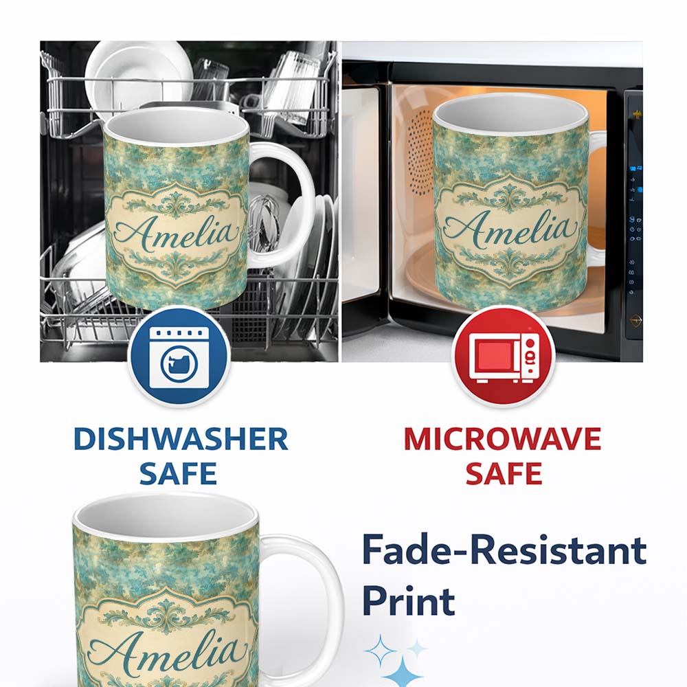 Personalized Custom Name Elegant Teal Damask Ornamental Vintage Style Seamless Name Cute 11oz Ceramic Coffee Tea Mug White Large Handle