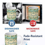 Personalized Custom Name Elegant Teal Damask Ornamental Vintage Style Seamless Name Cute 11oz Ceramic Coffee Tea Mug White Large Handle