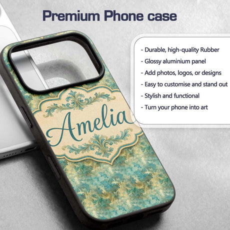 Elegant Teal Damask Ornamental Vintage Style Custom Name Protective Phone Case Mobile Cover Durable Everyday Smartphone Shock Resistant