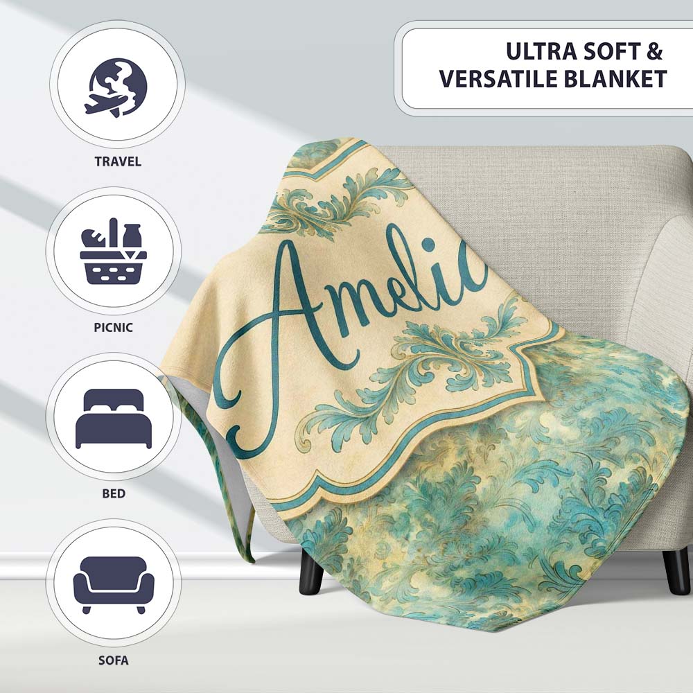Elegant Teal Damask Ornamental Vintage Style Seamless Name Cute  Personalised Custom Name Super Soft Fleece Blanket Bed Sofa Throw