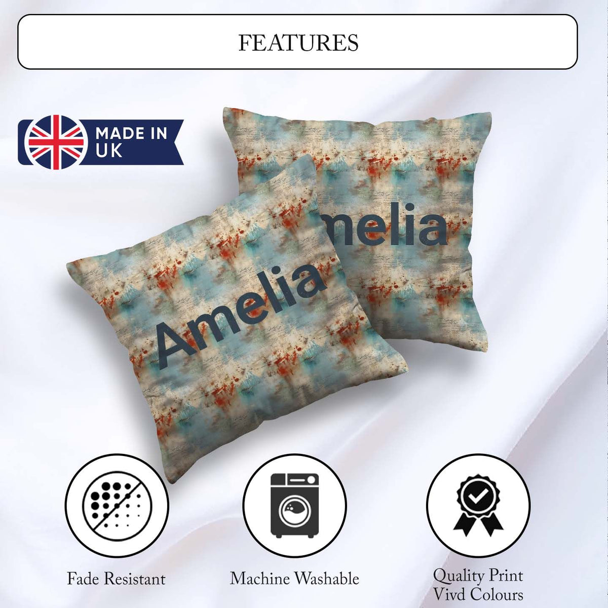 Custom Name Abstract Grunge Texture with Red and Blue Tones Name Square Filled Cushion Throw Pillow Sofa Bed Home Decor Zip Washable UK Made