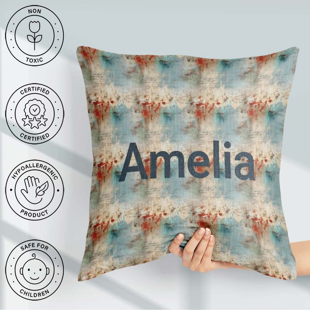 Custom Name Abstract Grunge Texture with Red and Blue Tones Name Square Filled Cushion Throw Pillow Sofa Bed Home Decor Zip Washable UK Made