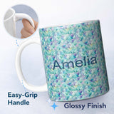 Personalized Custom Name Modern Geometric Watercolor Shapes in Teal Purple Seamless Name Cute 11oz Ceramic Coffee Tea Mug White Large Handle