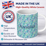Personalized Custom Name Modern Geometric Watercolor Shapes in Teal Purple Seamless Name Cute 11oz Ceramic Coffee Tea Mug White Large Handle