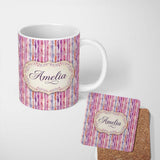 Personalized Custom Name Soft Watercolor Vertical Stripes in Pink Purple Seamless Name Cute 11oz Ceramic Coffee Tea Mug White Large Handle