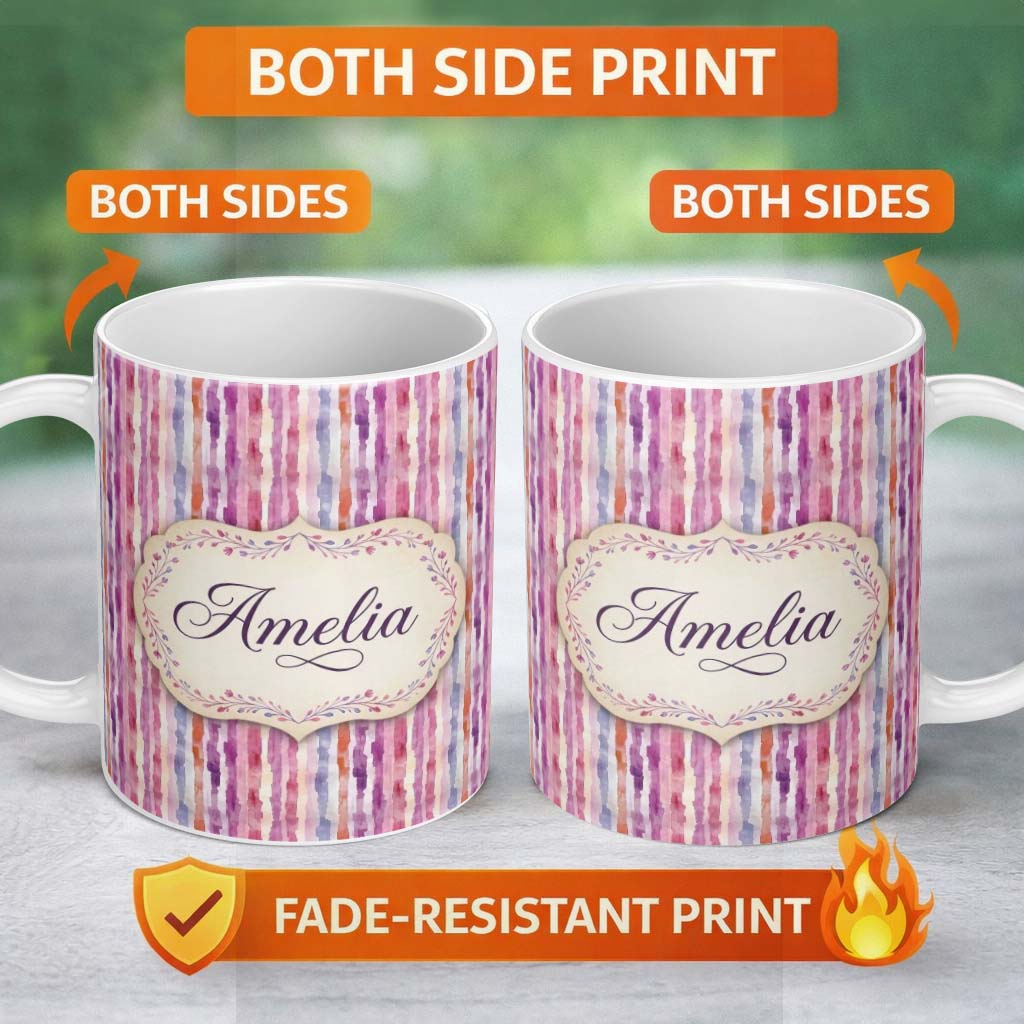 Personalized Custom Name Soft Watercolor Vertical Stripes in Pink Purple Seamless Name Cute 11oz Ceramic Coffee Tea Mug White Large Handle