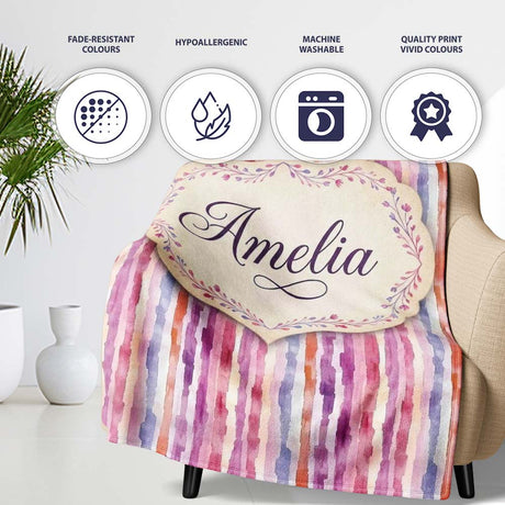 Soft Watercolor Vertical Stripes in Pink Purple Seamless Name Cute  Personalised Custom Name Super Soft Fleece Blanket Bed Sofa Throw