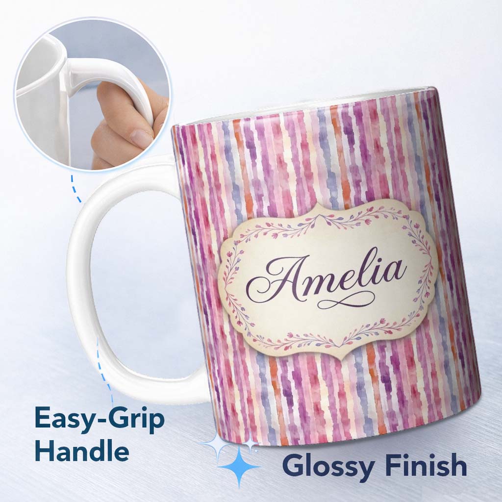 Personalized Custom Name Soft Watercolor Vertical Stripes in Pink Purple Seamless Name Cute 11oz Ceramic Coffee Tea Mug White Large Handle