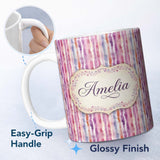 Personalized Custom Name Soft Watercolor Vertical Stripes in Pink Purple Seamless Name Cute 11oz Ceramic Coffee Tea Mug White Large Handle