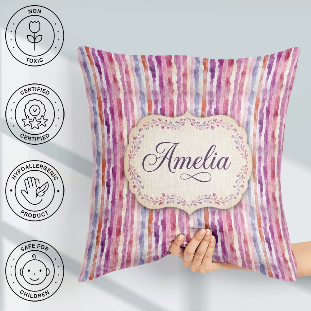 Custom Name Soft Watercolor Vertical Stripes in Pink Purple Name Square Filled Cushion Throw Pillow Sofa Bed Home Decor Zip Washable UK Made