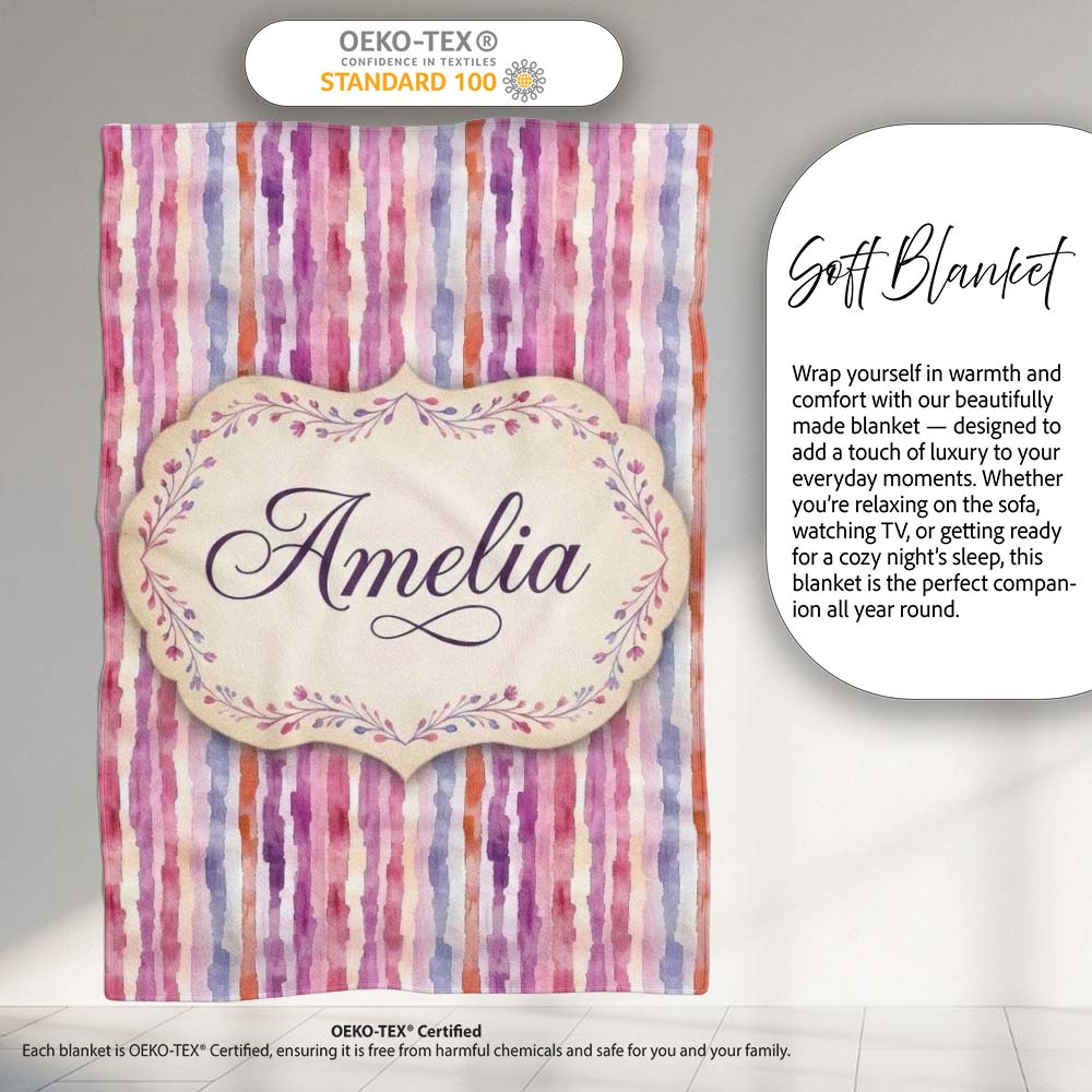 Soft Watercolor Vertical Stripes in Pink Purple Seamless Name Cute  Personalised Custom Name Super Soft Fleece Blanket Bed Sofa Throw