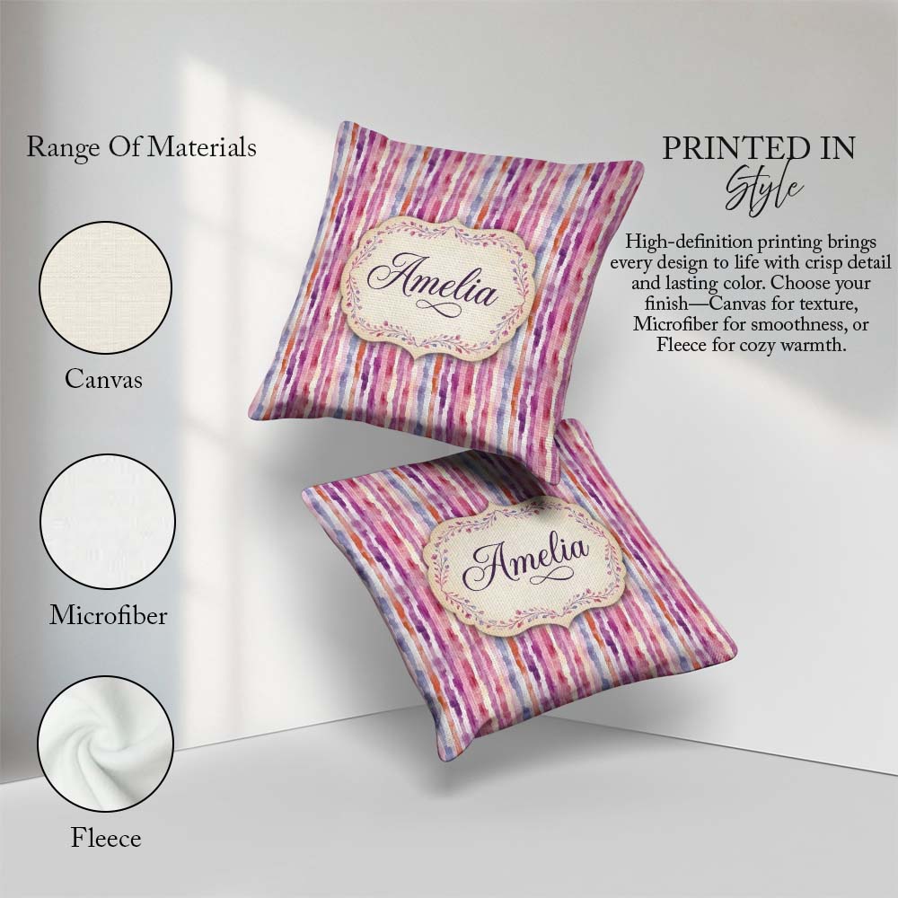 Custom Name Soft Watercolor Vertical Stripes in Pink Purple Name Square Filled Cushion Throw Pillow Sofa Bed Home Decor Zip Washable UK Made