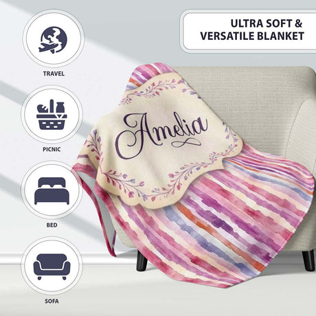Soft Watercolor Vertical Stripes in Pink Purple Seamless Name Cute  Personalised Custom Name Super Soft Fleece Blanket Bed Sofa Throw