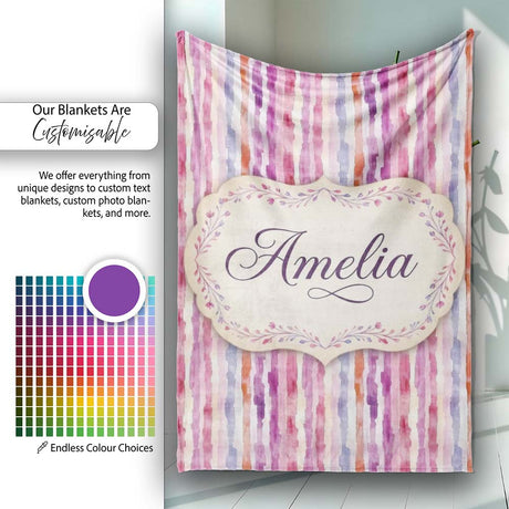 Soft Watercolor Vertical Stripes in Pink Purple Seamless Name Cute  Personalised Custom Name Super Soft Fleece Blanket Bed Sofa Throw