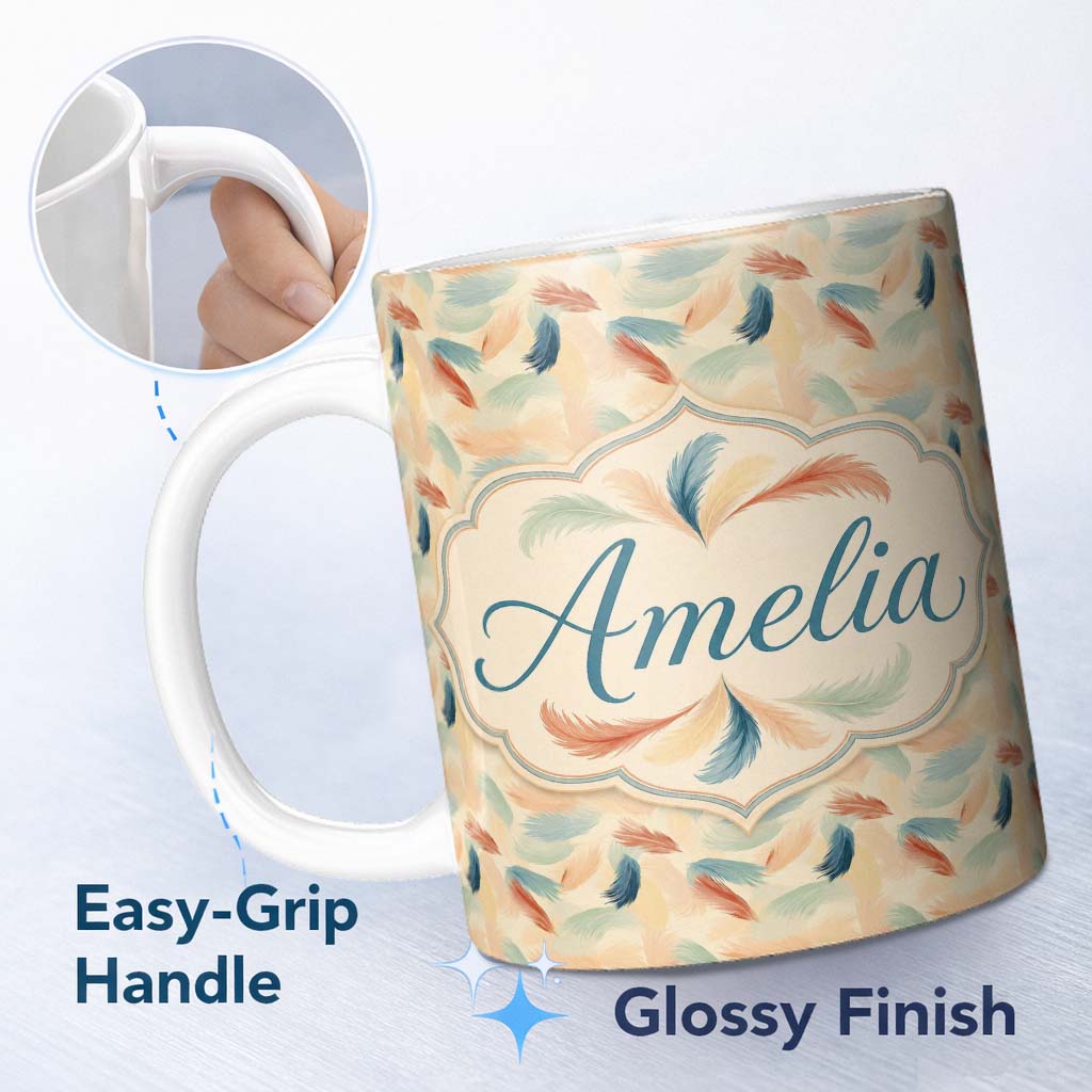 Personalized Custom Name Soft Feather Pattern in Pastel Tones Seamless Custom Name Cute 11oz Ceramic Coffee Tea Mug White Large Handle