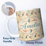 Personalized Custom Name Soft Feather Pattern in Pastel Tones Seamless Custom Name Cute 11oz Ceramic Coffee Tea Mug White Large Handle