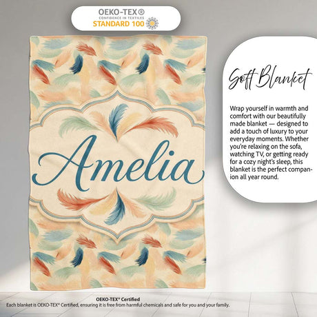 Soft Feather Pattern in Pastel Tones Seamless  Cute  Personalised Custom Name Super Soft Fleece Blanket Bed Sofa Throw