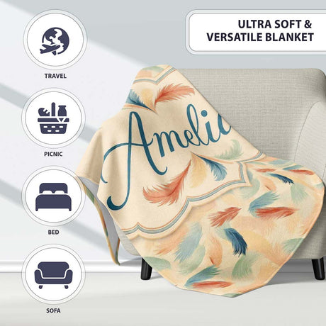 Soft Feather Pattern in Pastel Tones Seamless  Cute  Personalised Custom Name Super Soft Fleece Blanket Bed Sofa Throw