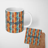Personalized Custom Name Abstract Textured Brushstroke Pattern in Orange Blue Seamless Name 11oz Ceramic Coffee Tea Mug White Large Handle