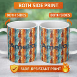 Personalized Custom Name Abstract Textured Brushstroke Pattern in Orange Blue Seamless Name 11oz Ceramic Coffee Tea Mug White Large Handle