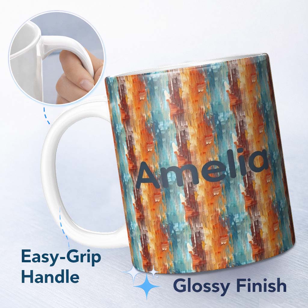 Personalized Custom Name Abstract Textured Brushstroke Pattern in Orange Blue Seamless Name 11oz Ceramic Coffee Tea Mug White Large Handle