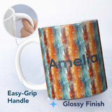 Personalized Custom Name Abstract Textured Brushstroke Pattern in Orange Blue Seamless Name 11oz Ceramic Coffee Tea Mug White Large Handle