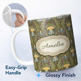 Personalized Custom Name Vintage Art Nouveau Floral Thistle Pattern in Green Seamless Name 11oz Ceramic Coffee Tea Mug White Large Handle